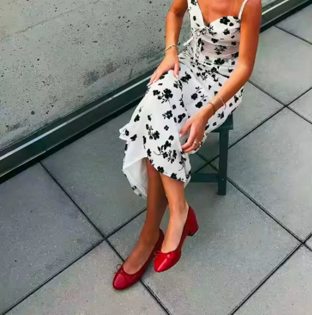 KYLETHOMASW  -  Spring New Round Toe Burgundy Cherry Red Ballet Shoes High Low Heel Bow Pumps Low Top Flat Patent Leather Small Red Shoes