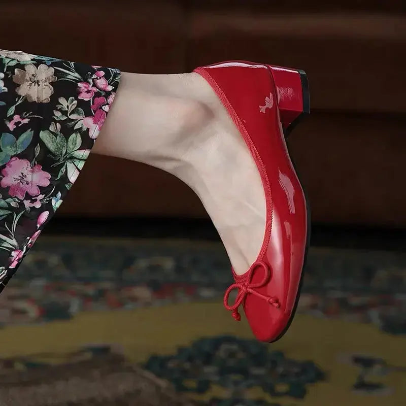 KYLETHOMASW  -  Spring New Round Toe Burgundy Cherry Red Ballet Shoes High Low Heel Bow Pumps Low Top Flat Patent Leather Small Red Shoes