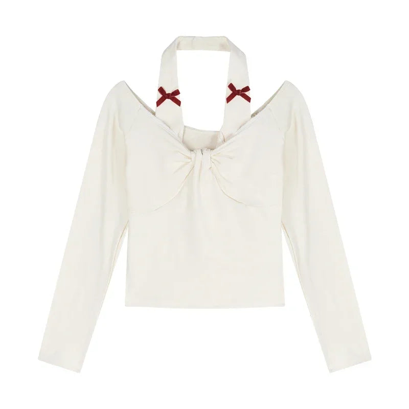 Kylethomasw High Street Backless Sexy Slim Long Sleeve T-shirt Women 2025 Spring New Korean Contrast Color Bow Splicing Casual Crop Tops