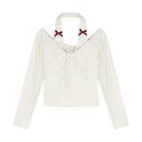 Kylethomasw High Street Backless Sexy Slim Long Sleeve T-shirt Women 2025 Spring New Korean Contrast Color Bow Splicing Casual Crop Tops