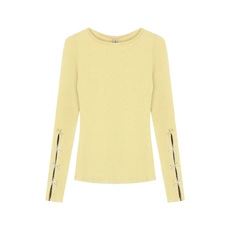 Kylethomasw Y2k White Hollow Out T-shirts for Women Long Sleeve Slim Tops with Bow Coquette Sexy Girl O-neck Aesthetic Clothes Chic