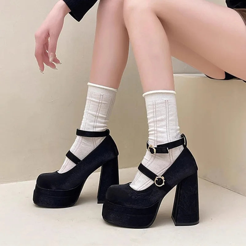 KYLETHOMASW  -  Pink Lolita High Heels Women's Pumps 2025 Cute Bow Round Ankle Straps Chunky Platform Mary Jane Shoes Embroidered Heels Women