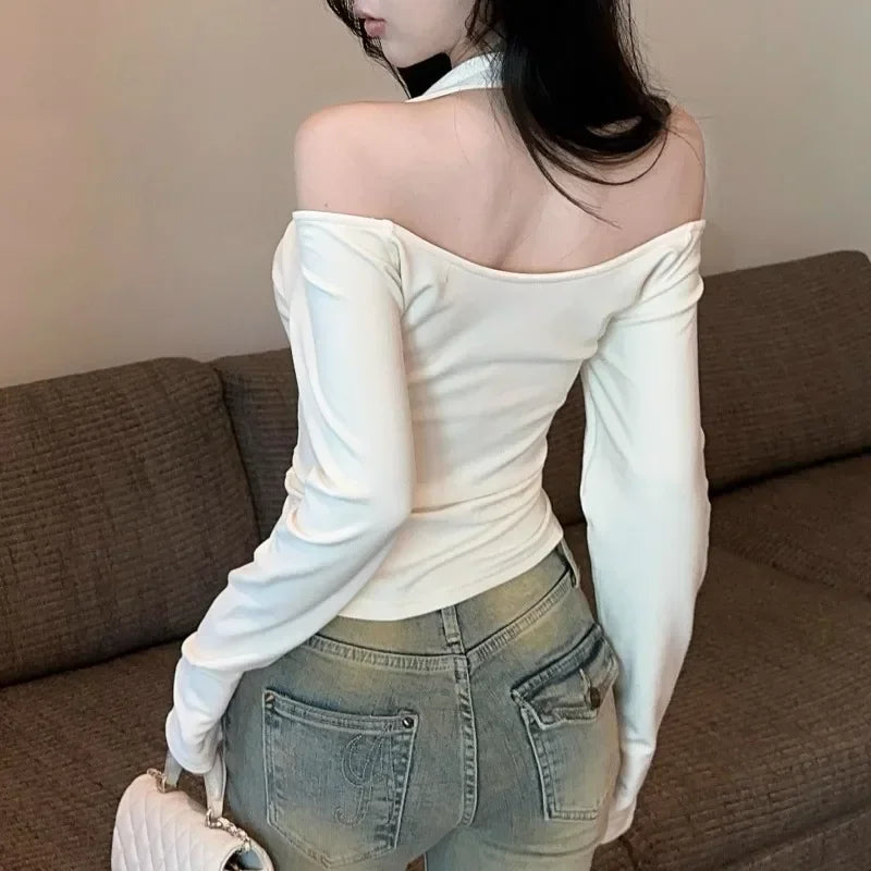 Kylethomasw High Street Backless Sexy Slim Long Sleeve T-shirt Women 2025 Spring New Korean Contrast Color Bow Splicing Casual Crop Tops