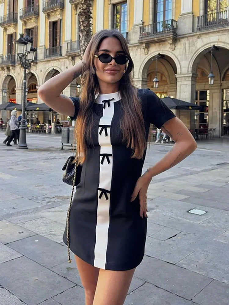 Kylethomasw  Summer Fashion Dresses Woman Trendy White Black O-Neck Short Sleeves Bow Decorate Zipper Female Elegant Mini Dress