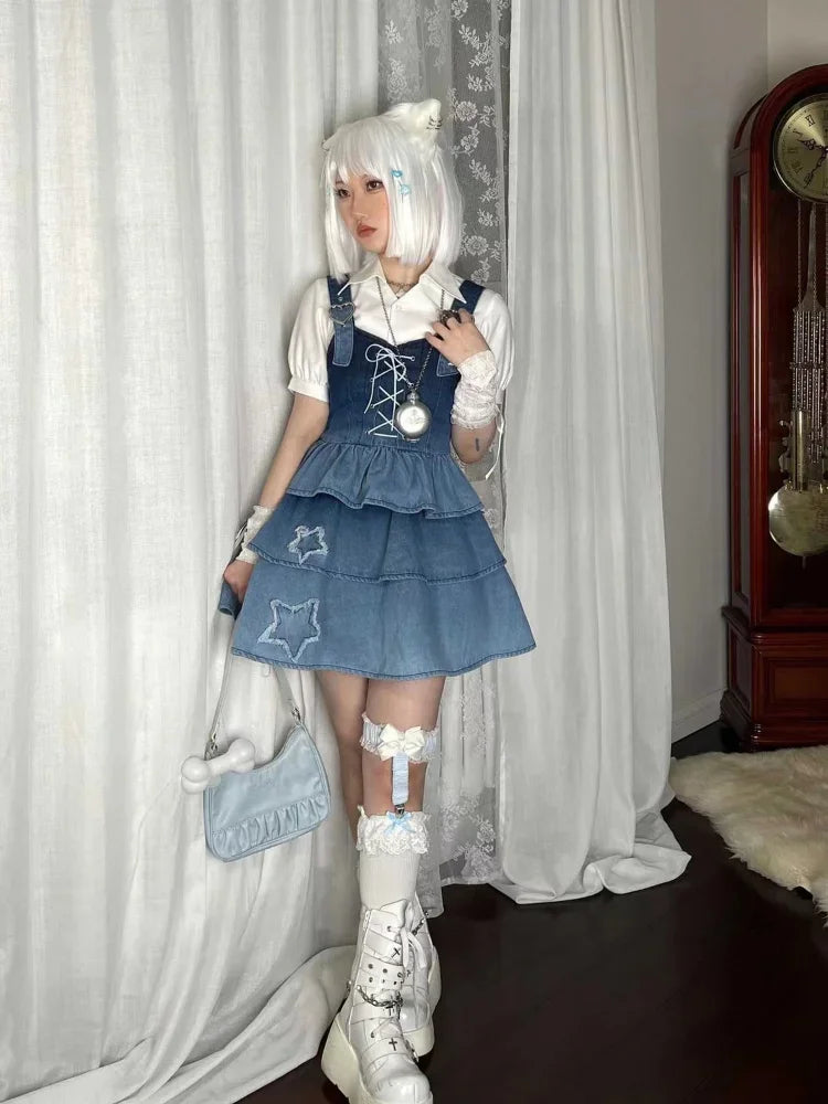 KYLETHOMASW  -  2024 New Puff Sleeve White Shirts Women+ Summer Sexy Gradient Blue Denim Strap Dress+ Leg Warmer Y2k E-Girl Three Piece Sets