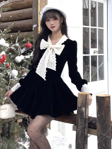 KYLETHOMASW  -  Autumn Spring 2025 New Elegant Vintage Velvet Mini Dress Women Long Sleeve Chic Female New Clothes