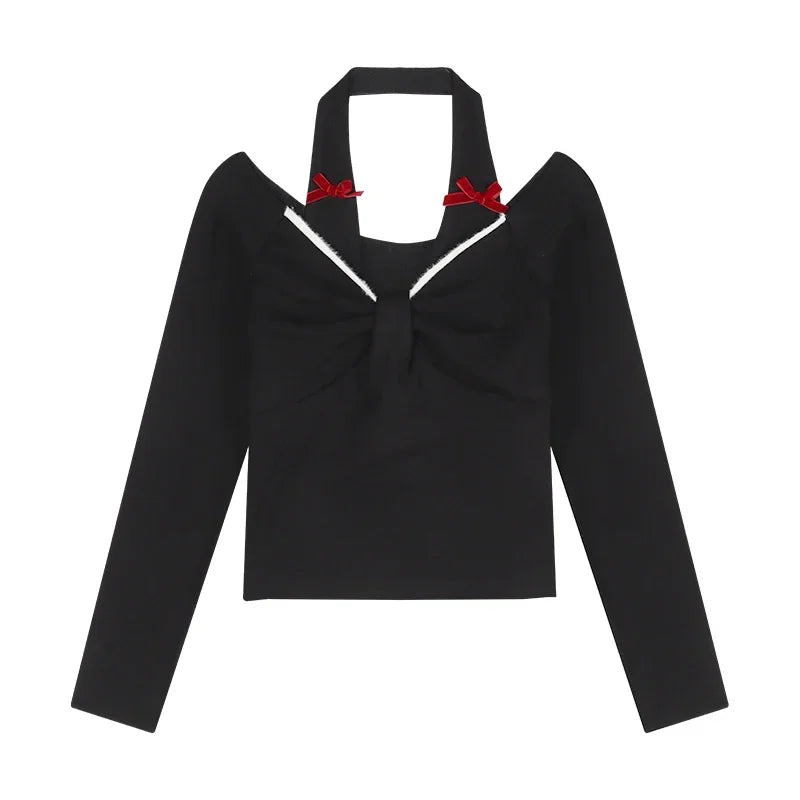 Kylethomasw High Street Backless Sexy Slim Long Sleeve T-shirt Women 2025 Spring New Korean Contrast Color Bow Splicing Casual Crop Tops