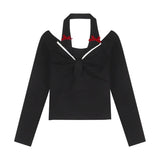 Kylethomasw High Street Backless Sexy Slim Long Sleeve T-shirt Women 2025 Spring New Korean Contrast Color Bow Splicing Casual Crop Tops