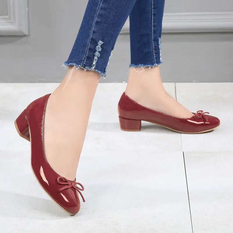KYLETHOMASW  -  Spring New Round Toe Burgundy Cherry Red Ballet Shoes High Low Heel Bow Pumps Low Top Flat Patent Leather Small Red Shoes