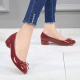 KYLETHOMASW  -  Spring New Round Toe Burgundy Cherry Red Ballet Shoes High Low Heel Bow Pumps Low Top Flat Patent Leather Small Red Shoes