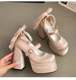 KYLETHOMASW  -  Pink Lolita High Heels Women's Pumps 2025 Cute Bow Round Ankle Straps Chunky Platform Mary Jane Shoes Embroidered Heels Women