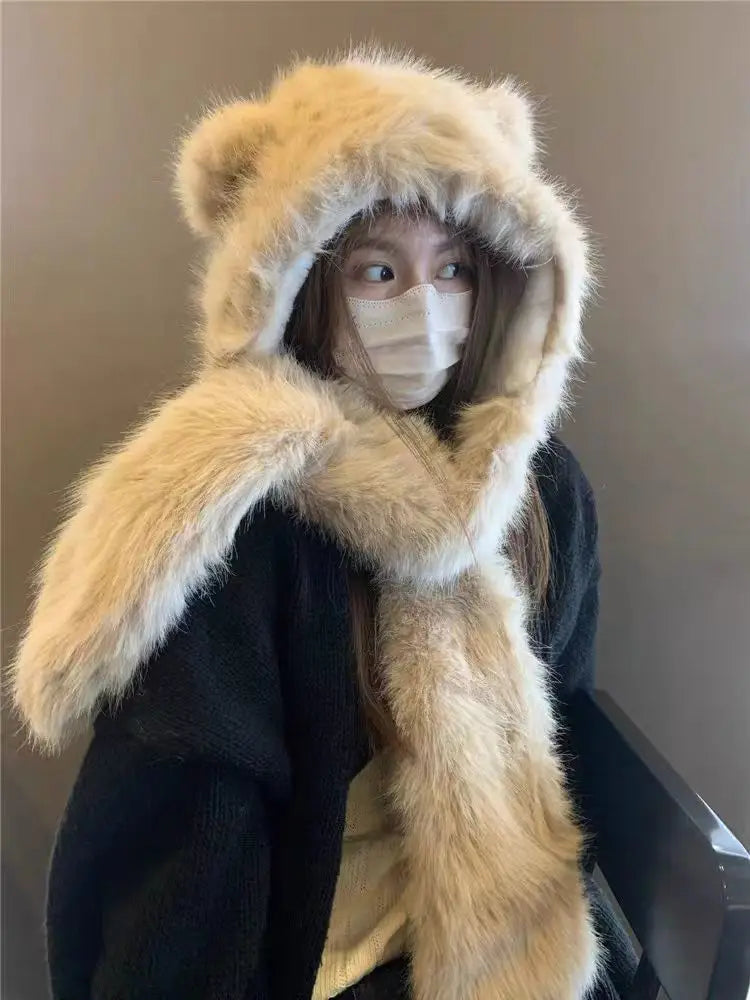 KYLETHOMASW  -  Sweet Hot Girl Scarf, Hat & Glove Sets Women's Winter Cute Faux Fur Thick Fluffy Hat Fashion Female Trendy Accessories
