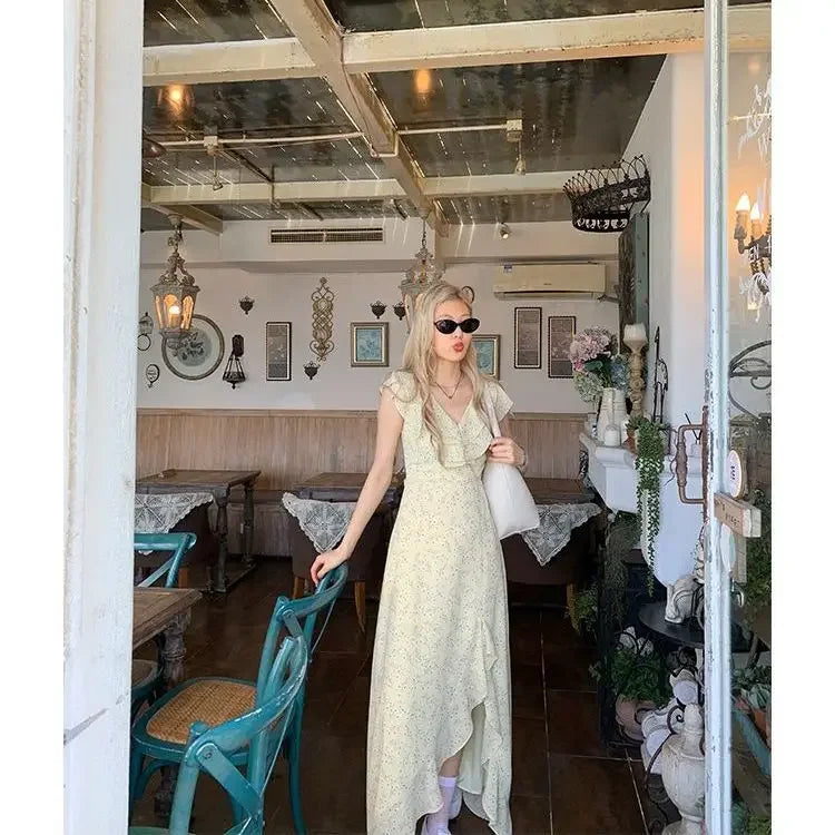 KYLETHOMASW  -  French V Neck Floral Dress Women Summer New First Love Pinched Waist Thin High End Long Split Dresses Goddess Vestido