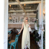 KYLETHOMASW  -  French V Neck Floral Dress Women Summer New First Love Pinched Waist Thin High End Long Split Dresses Goddess Vestido