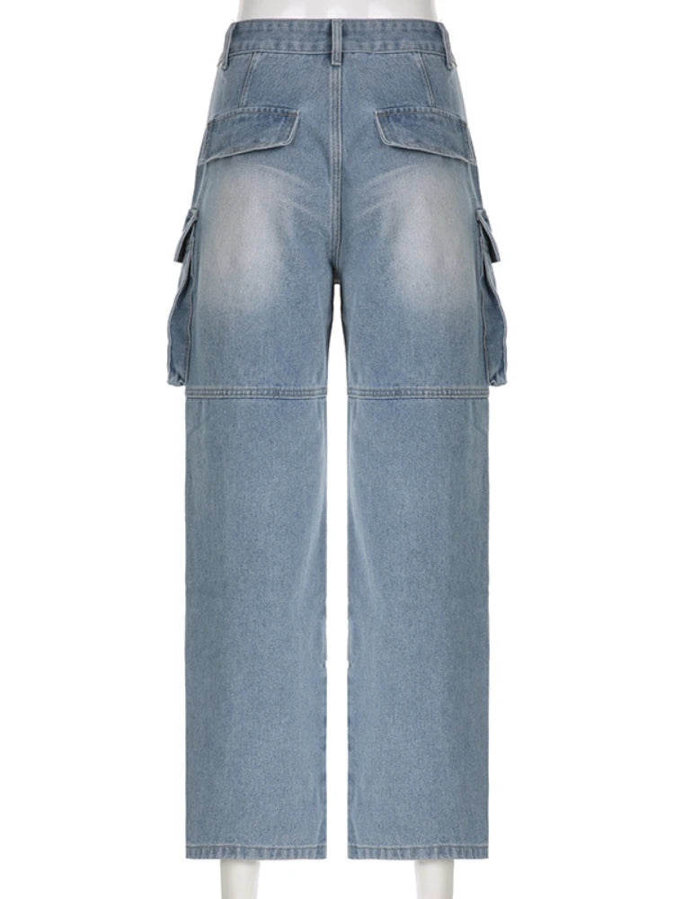 Kylethomasw Pockets High Waisted Jeans Woman  Autumn Winter Baggy Blue Cargo Pants Women's Casual Loose Fashion Denim Pant Women