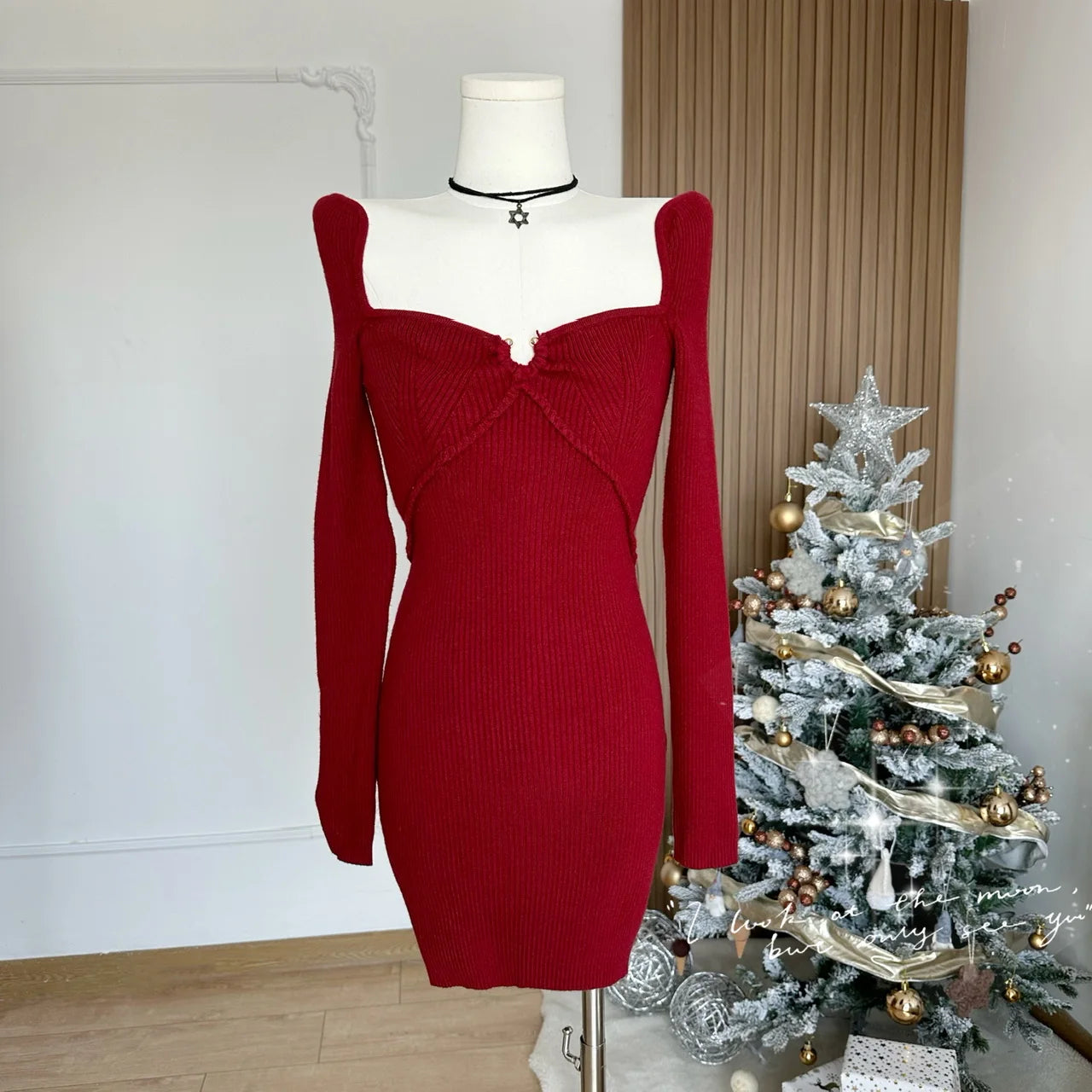 KYLETHOMASW  -   Sweet Hot Girl Christmas High-waisted Dress Women's Autumn-winter Square Collar Long-sleeved Slim Knitted Dress Female Clothes
