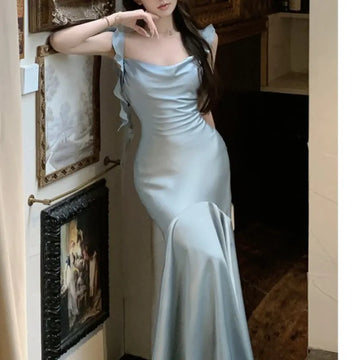 Kylethomasw -  Summer Women's Solid Mermaid Dress Sexy Bodycon Spaghetti Strap Midi Maxi Dresses Lady Elegant Stain Party Square Neck New Robe