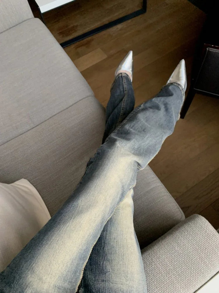 KYLETHOMASW  -  Y2k Sexy Coquette Low Rise Flared Jeans Women American Retro Casual Grunge Popular Denim Pants 2000s Streetwear 90s