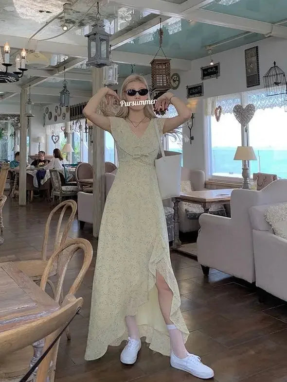 KYLETHOMASW  -  French V Neck Floral Dress Women Summer New First Love Pinched Waist Thin High End Long Split Dresses Goddess Vestido