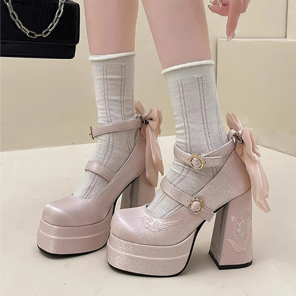 KYLETHOMASW  -  Pink Lolita High Heels Women's Pumps 2025 Cute Bow Round Ankle Straps Chunky Platform Mary Jane Shoes Embroidered Heels Women