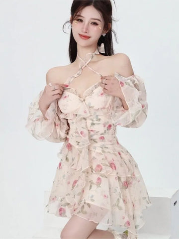 Kylethomasw Summer Sweet Print Floral Chiffon Dress Women Elegant Long Sleeve Ruffles Party Mini Dresses Female Korean Chic Slim Vestidos