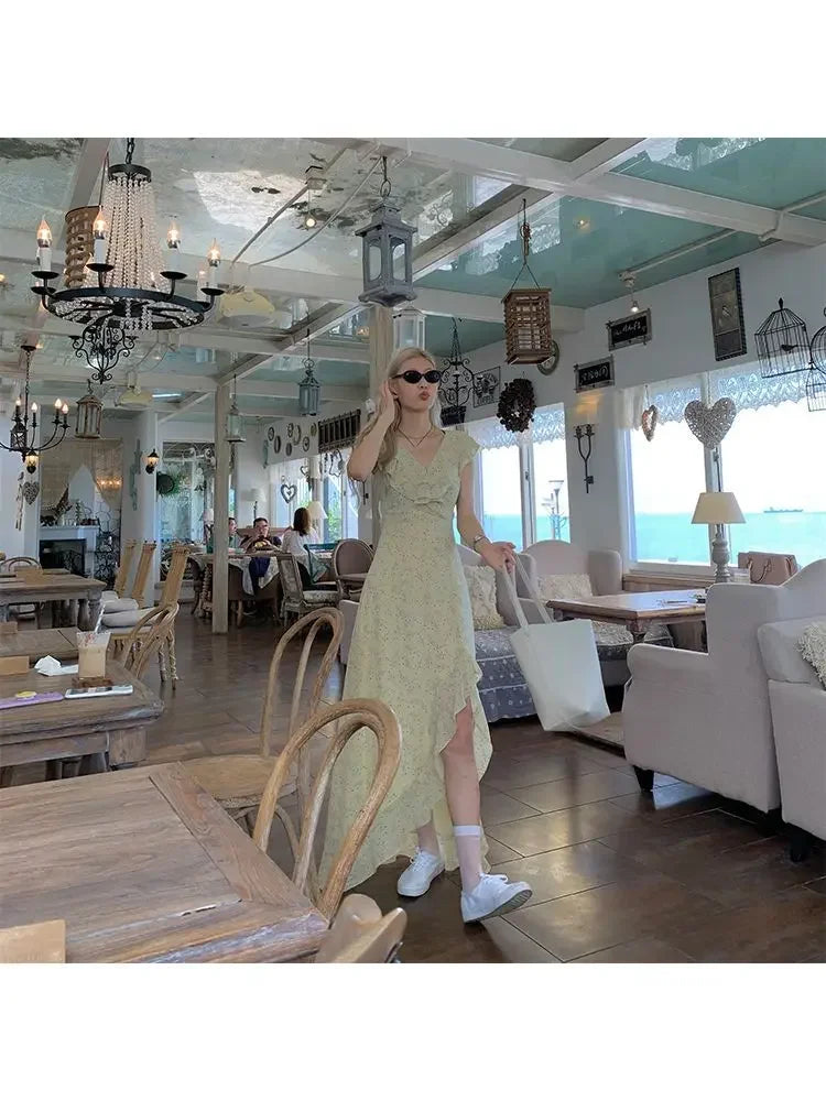 KYLETHOMASW  -  French V Neck Floral Dress Women Summer New First Love Pinched Waist Thin High End Long Split Dresses Goddess Vestido