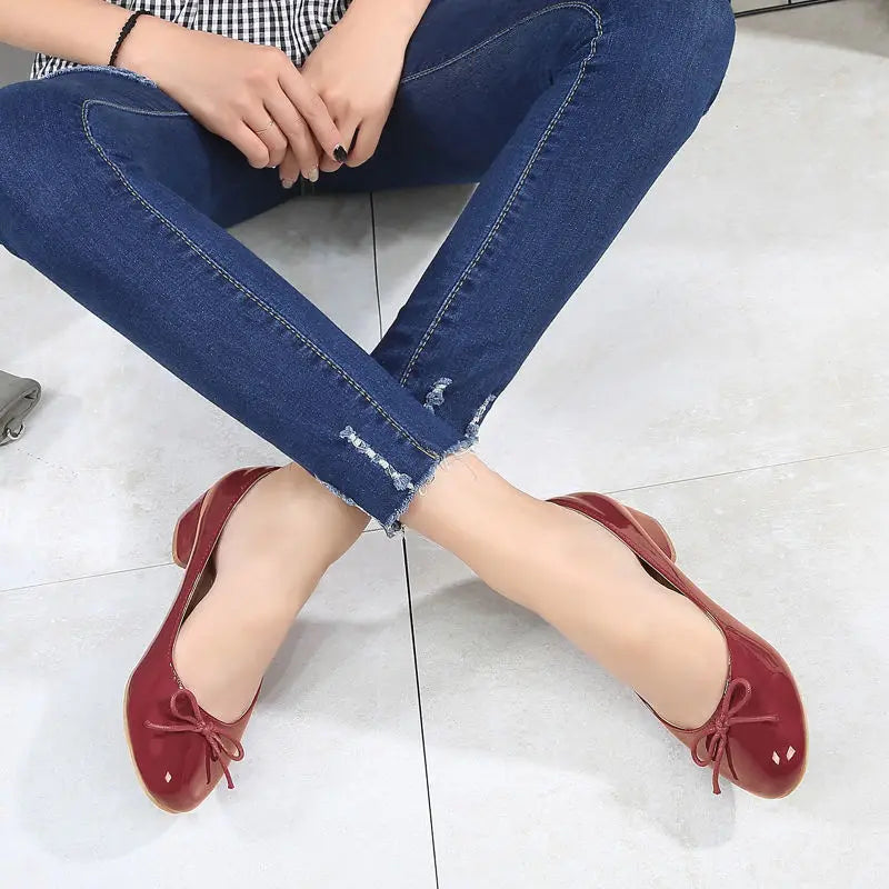 KYLETHOMASW  -  Spring New Round Toe Burgundy Cherry Red Ballet Shoes High Low Heel Bow Pumps Low Top Flat Patent Leather Small Red Shoes