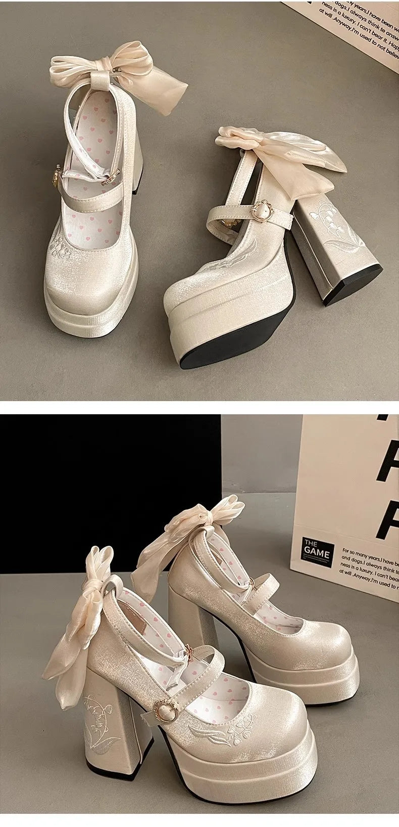 KYLETHOMASW  -  Pink Lolita High Heels Women's Pumps 2025 Cute Bow Round Ankle Straps Chunky Platform Mary Jane Shoes Embroidered Heels Women