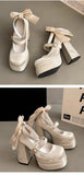 KYLETHOMASW  -  Pink Lolita High Heels Women's Pumps 2025 Cute Bow Round Ankle Straps Chunky Platform Mary Jane Shoes Embroidered Heels Women