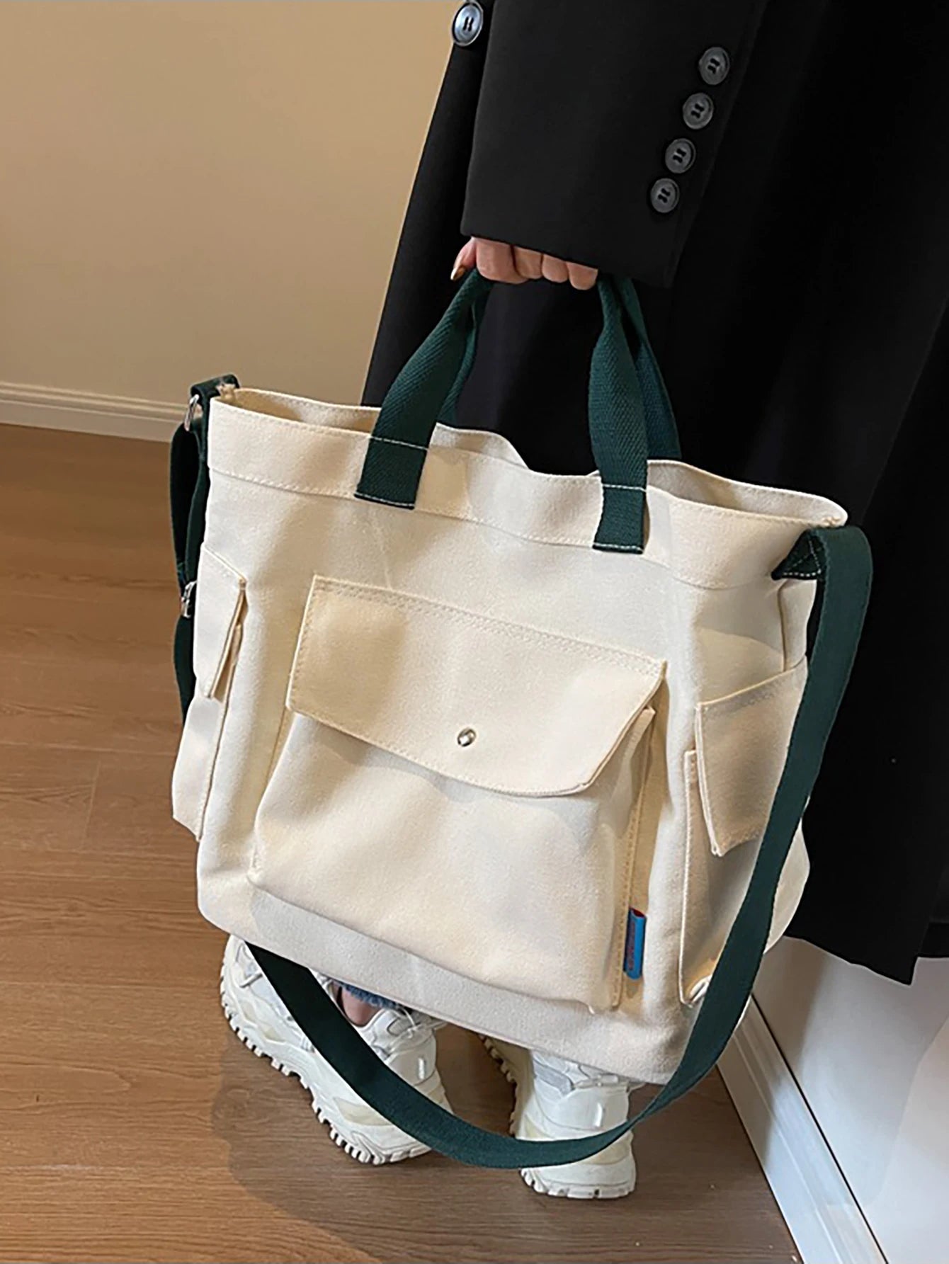 KYLETHOMASW  -  Canvas Solid Color Tote Bag, Large Capacity Multi-pocket Women's Shoulder Bag, College Style Middle School Student Crossbody Bag