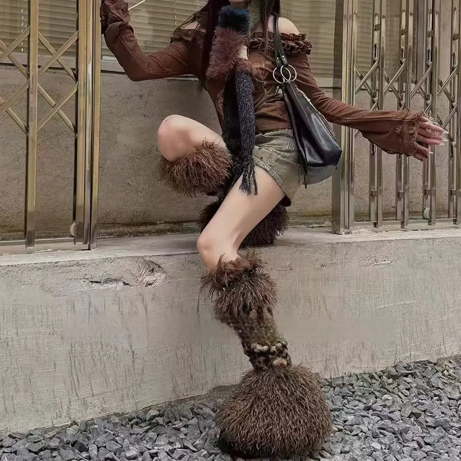 KYLETHOMASW  -  Leopard Print Calf Leg Covers Pile Socks Spicy Girl Rivet Leg Warmers Subculture Retro Slimming Fur Spliced Long Socks for Women