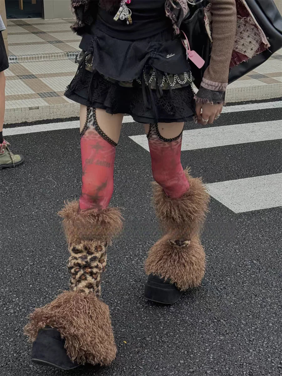 KYLETHOMASW  -  Leopard Print Calf Leg Covers Pile Socks Spicy Girl Rivet Leg Warmers Subculture Retro Slimming Fur Spliced Long Socks for Women