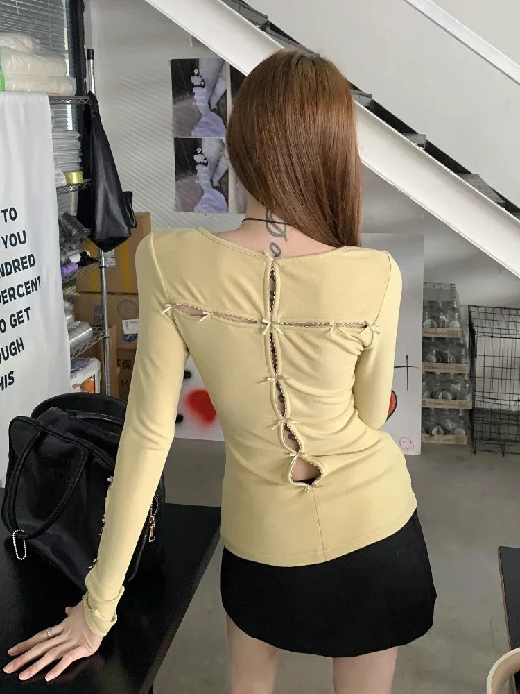 Kylethomasw Y2k White Hollow Out T-shirts for Women Long Sleeve Slim Tops with Bow Coquette Sexy Girl O-neck Aesthetic Clothes Chic