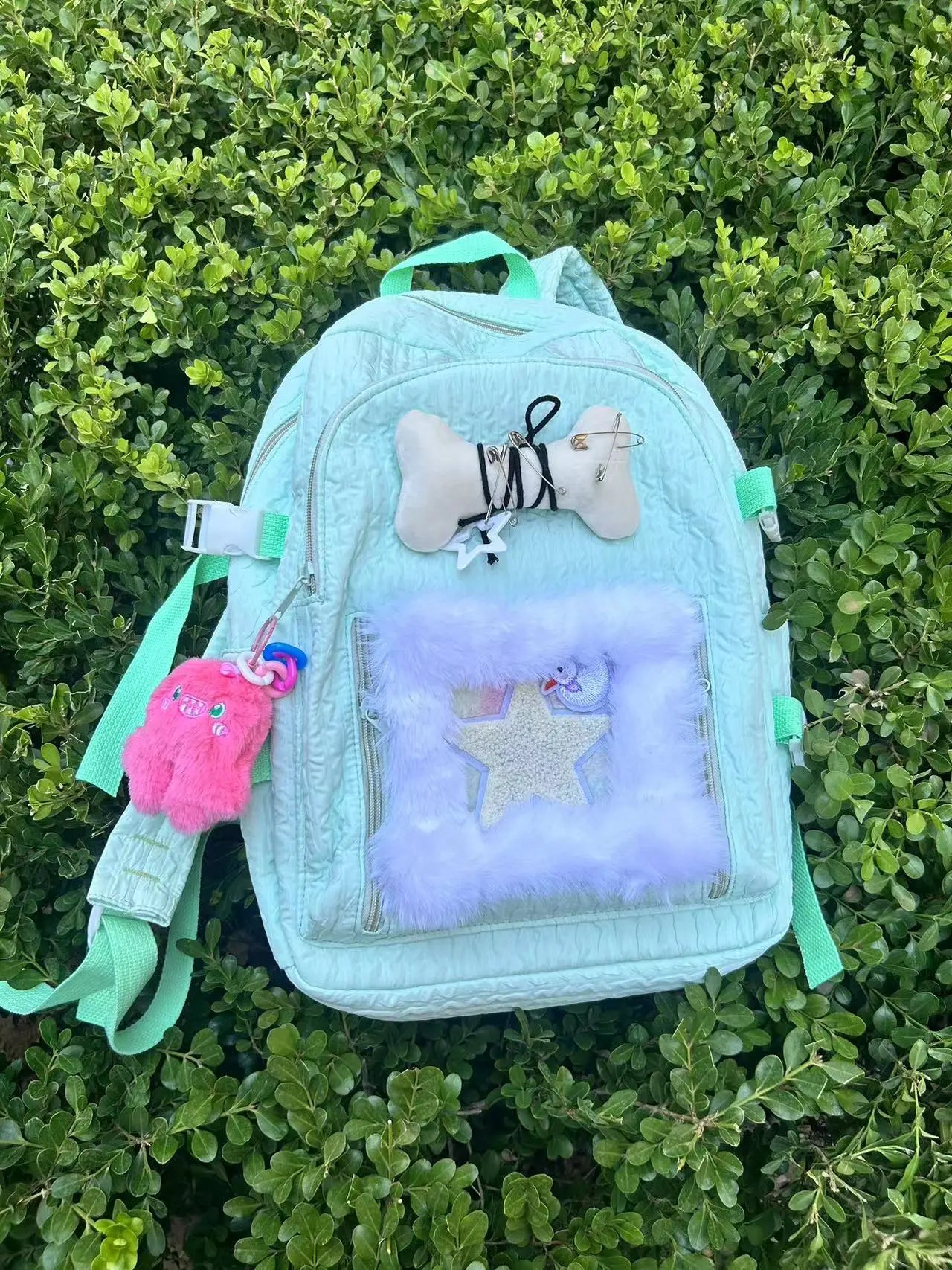 Kylethomasw New Mint Green Y2k Star Bone Decoration Monster Pendant Aesthetic Sweet Girl Backpack Preppy High-capacity School Backpack