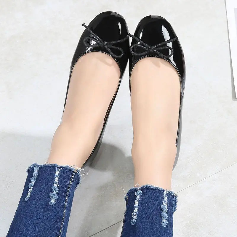 KYLETHOMASW  -  Spring New Round Toe Burgundy Cherry Red Ballet Shoes High Low Heel Bow Pumps Low Top Flat Patent Leather Small Red Shoes