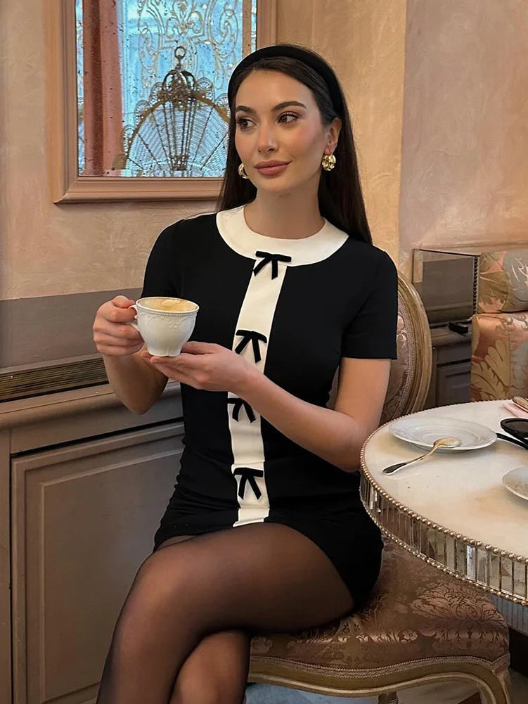 Kylethomasw  Summer Fashion Dresses Woman Trendy White Black O-Neck Short Sleeves Bow Decorate Zipper Female Elegant Mini Dress