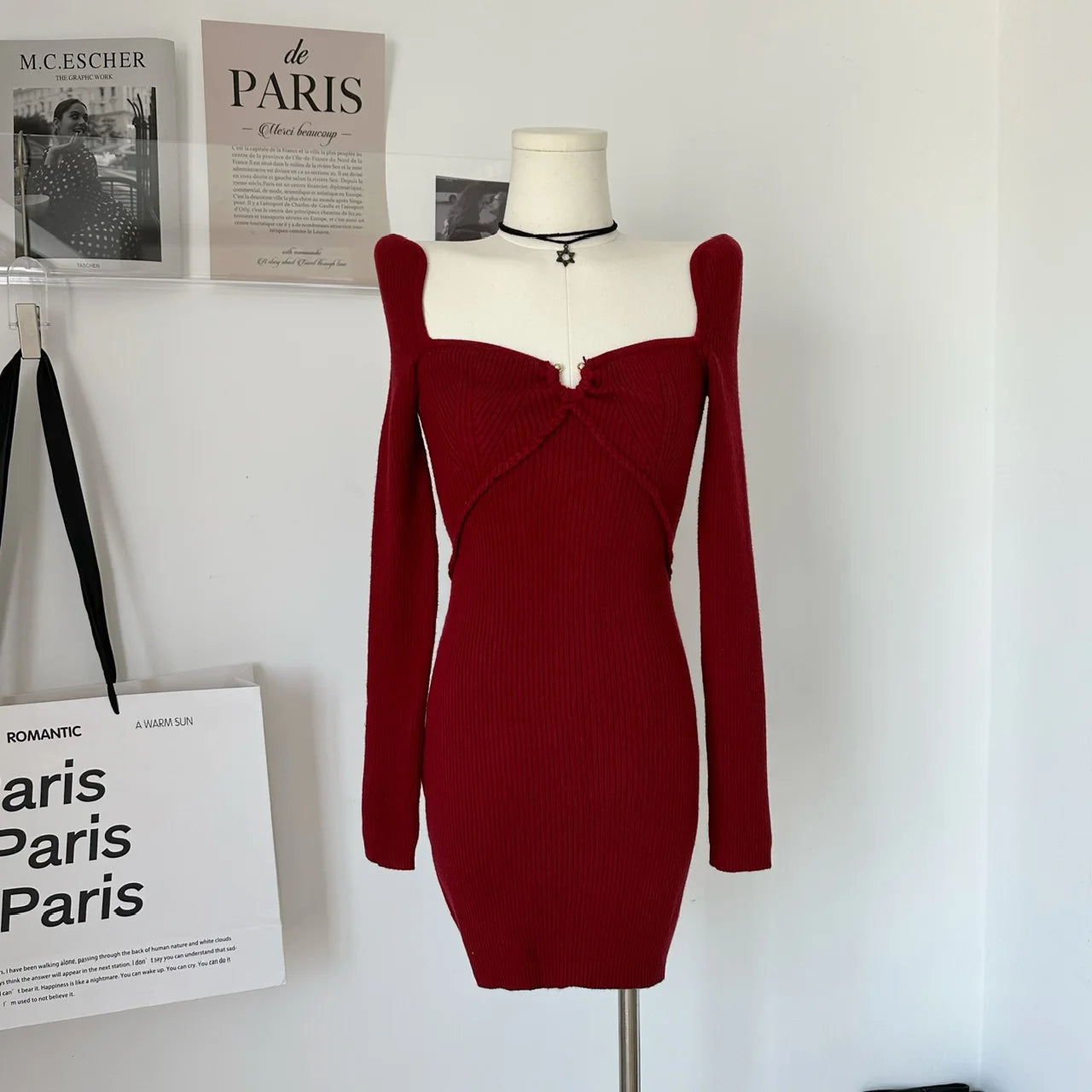 KYLETHOMASW  -   Sweet Hot Girl Christmas High-waisted Dress Women's Autumn-winter Square Collar Long-sleeved Slim Knitted Dress Female Clothes