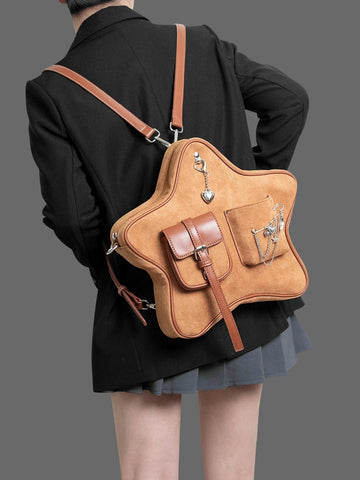 KYLETHOMASW  -  retro brown pentagram pendant brooch decoration multi-pocket double shoulder messenger bag casual backpack