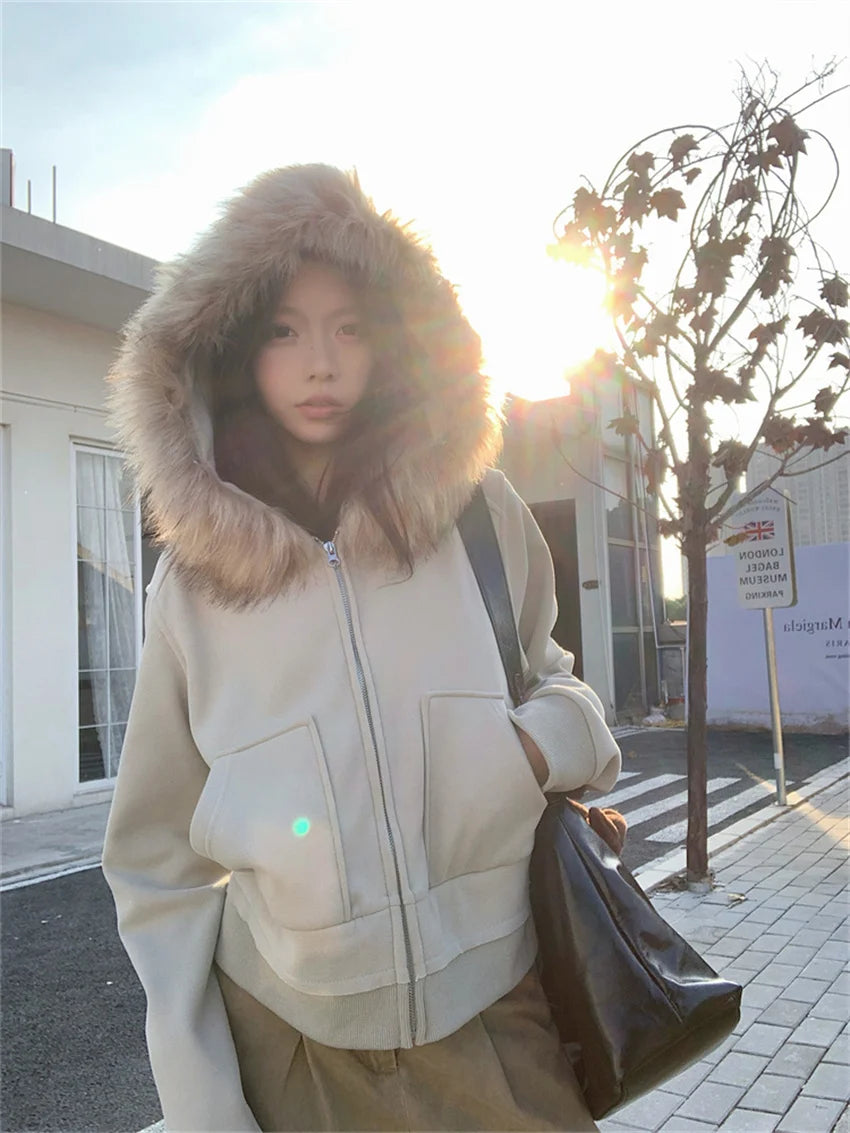 KYLETHOMASW  -   Fur Hooded Sweatshirts Women Loose Plush Winter Warm Daily 2025 OL New Chic Casual Streetwear All Match Coats