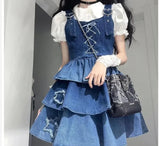 KYLETHOMASW  -  2024 New Puff Sleeve White Shirts Women+ Summer Sexy Gradient Blue Denim Strap Dress+ Leg Warmer Y2k E-Girl Three Piece Sets