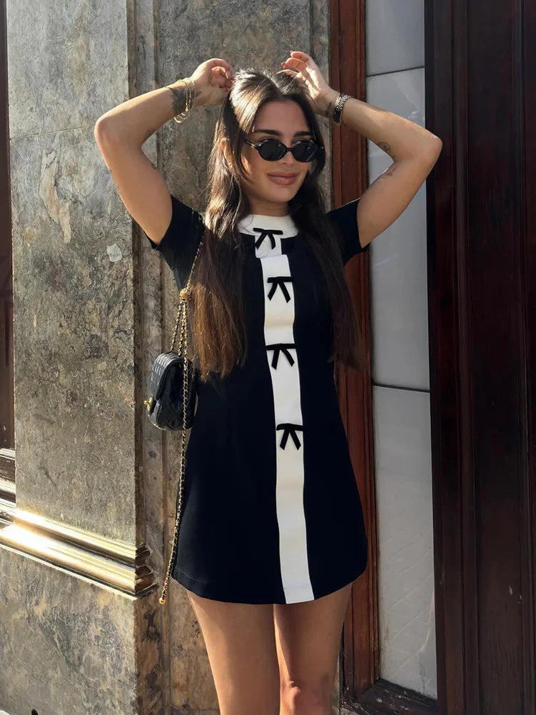 Kylethomasw  Summer Fashion Dresses Woman Trendy White Black O-Neck Short Sleeves Bow Decorate Zipper Female Elegant Mini Dress