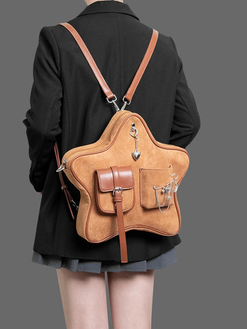 KYLETHOMASW  -  retro brown pentagram pendant brooch decoration multi-pocket double shoulder messenger bag casual backpack
