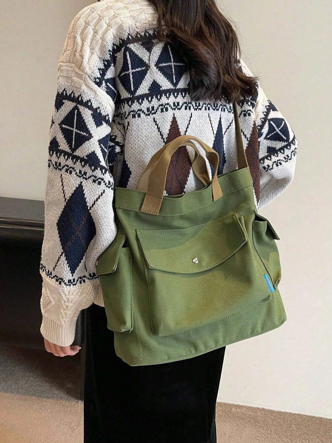 KYLETHOMASW  -  Canvas Solid Color Tote Bag, Large Capacity Multi-pocket Women's Shoulder Bag, College Style Middle School Student Crossbody Bag