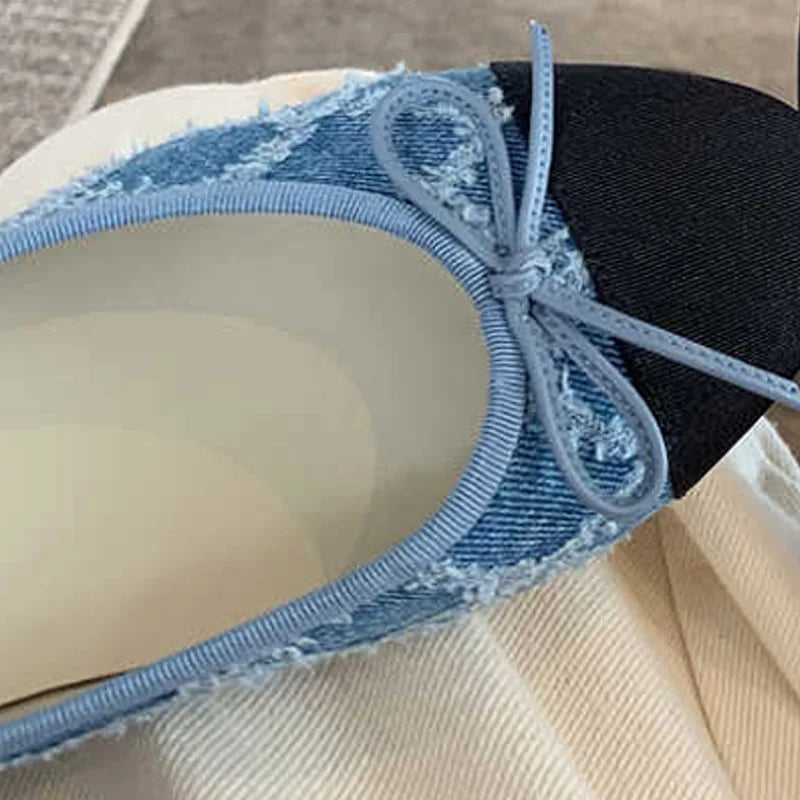 KYLETHOMASW  -  New Designer Blue jeans bow flat shoes woman round toe cloth patchwork flats plaid sewing moccasins denim loafers for women