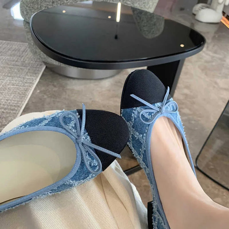 KYLETHOMASW  -  New Designer Blue jeans bow flat shoes woman round toe cloth patchwork flats plaid sewing moccasins denim loafers for women