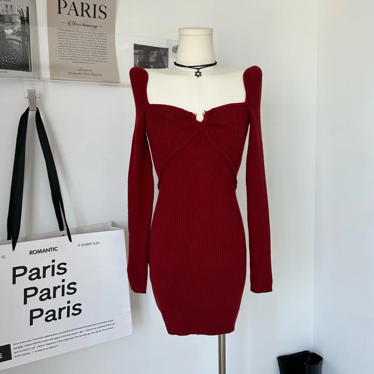 KYLETHOMASW  -   Sweet Hot Girl Christmas High-waisted Dress Women's Autumn-winter Square Collar Long-sleeved Slim Knitted Dress Female Clothes