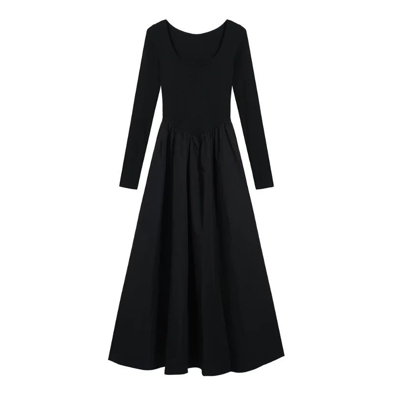 Kylethomasw Solid Pleated Dress Women Autumn Elegant Long Sleeve Vintage Ladies Party Daily Square Neck Dresses Female Clothing Chic Simple