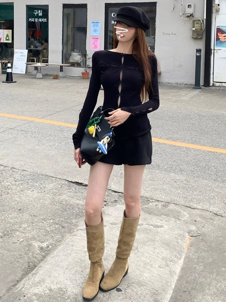 Kylethomasw Y2k White Hollow Out T-shirts for Women Long Sleeve Slim Tops with Bow Coquette Sexy Girl O-neck Aesthetic Clothes Chic