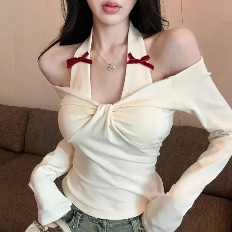 Kylethomasw High Street Backless Sexy Slim Long Sleeve T-shirt Women 2025 Spring New Korean Contrast Color Bow Splicing Casual Crop Tops