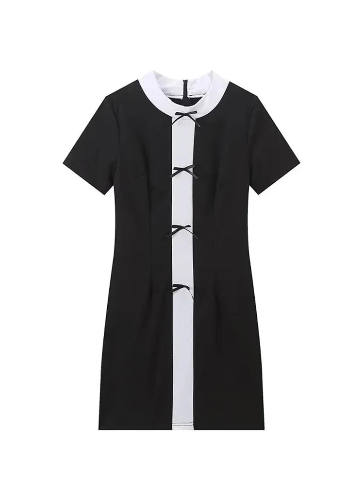 Kylethomasw  Summer Fashion Dresses Woman Trendy White Black O-Neck Short Sleeves Bow Decorate Zipper Female Elegant Mini Dress